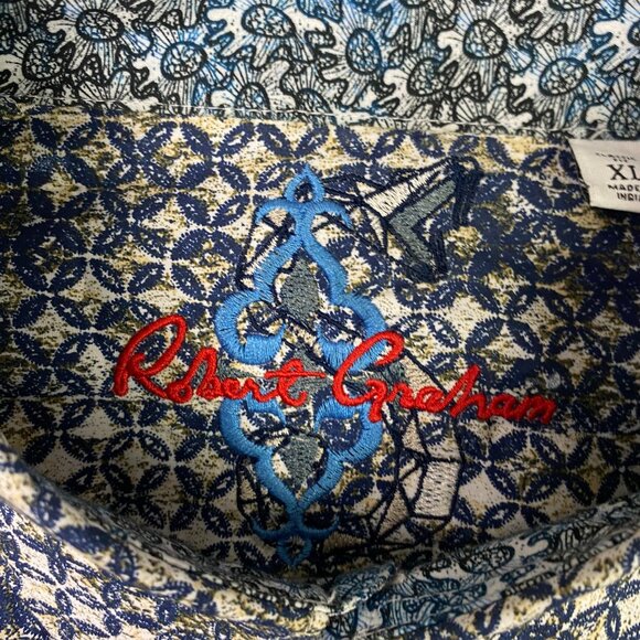 Robert Graham Shirt Men's XL Classic Fit Blue Brown White Button Down Geometric - Picture 3 of 14
